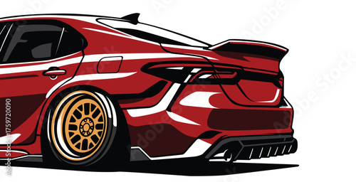 Red sedan's custom rear, huge gold wheels, wide body, low stance.