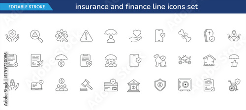 insurance and finance line icons set — editable stroke business, security, and healthcare outline symbols for web, app, and presentation design