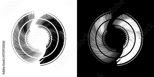 Dynamic abstract spiral sound wave rhythm lines. Circular spiral sound wave rhythm of lines. Circular futuristic abstract lines, black and white background.	
