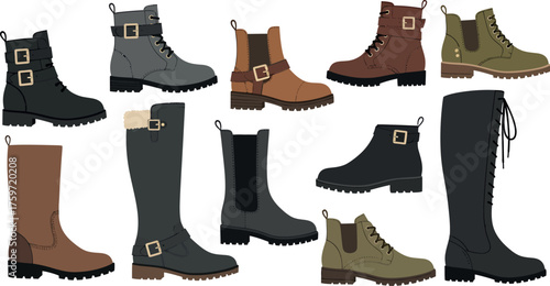 Collection of Boots on White Background