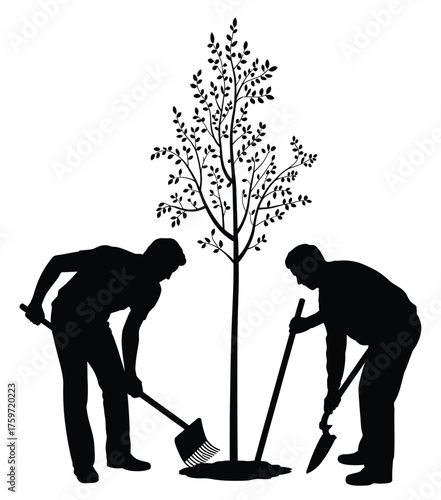 Vector illustration of two people planting a young tree with shovels scalable eps icon for gardening and environmental projects silhouette vector illustration white background