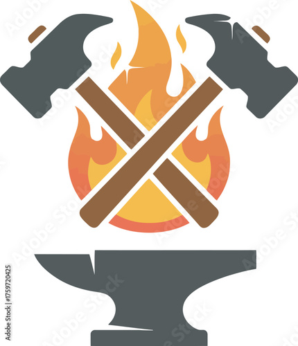 Crossed hammers above an anvil, with flames in the background, creating a blacksmithing or forging symbol.