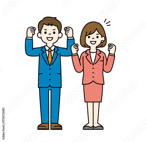 笑顔でガッツポーズをする、スーツを着た若い男女の全身ベクターイラスト素材セット＿カラー