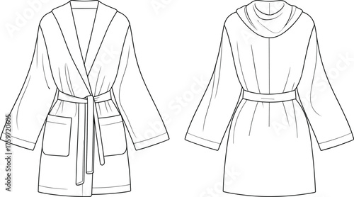 Bathrobe fashion flat sketch, front and back view, hooded robe with belt, shawl collar, patch pockets, garment design vector illustration