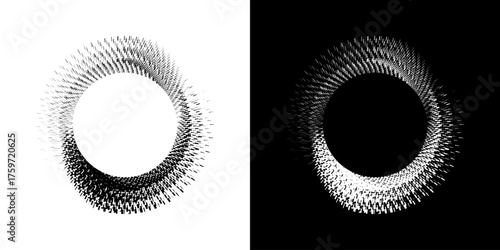 Dynamic abstract spiral sound wave rhythm lines. Circular spiral sound wave rhythm of lines. Circular futuristic abstract lines, black and white background.	
