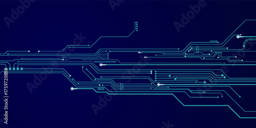 Abstract digital circuit board on an electric blue technological background. Circuit board with connected lines and dots on an abstract digital motherboard.