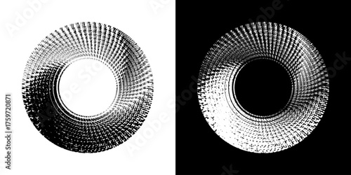 Dynamic abstract spiral sound wave rhythm lines. Circular spiral sound wave rhythm of lines. Circular futuristic abstract lines, black and white background.	
