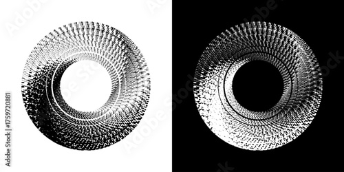 Dynamic abstract spiral sound wave rhythm lines. Circular spiral sound wave rhythm of lines. Circular futuristic abstract lines, black and white background.	
