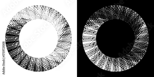 Dynamic abstract spiral sound wave rhythm lines. Circular spiral sound wave rhythm of lines. Circular futuristic abstract lines, black and white background.	
