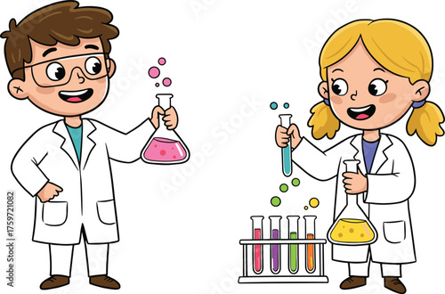 "Two cartoon children in lab coats conducting chemistry experiment with colorful liquids, science education, STEM learning, teamwork, discovery, research, laboratory"