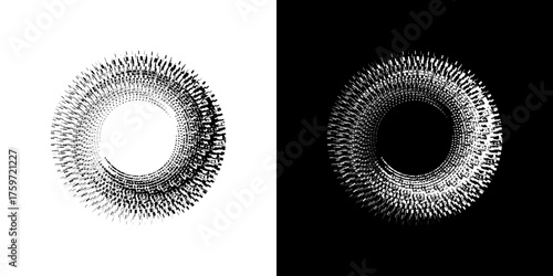 Dynamic abstract spiral sound wave rhythm lines. Circular spiral sound wave rhythm of lines. Circular futuristic abstract lines, black and white background.	
