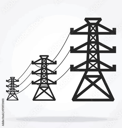 Scalable vector illustration of electrical power transmission towers and grid network icon for eps files silhouette vector illustration white background