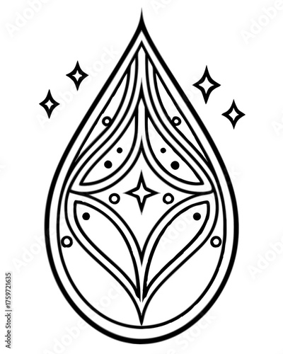 Minimilist elegant teardrop shaped design with intricate line work and star accents creating a mystical emblem look vector