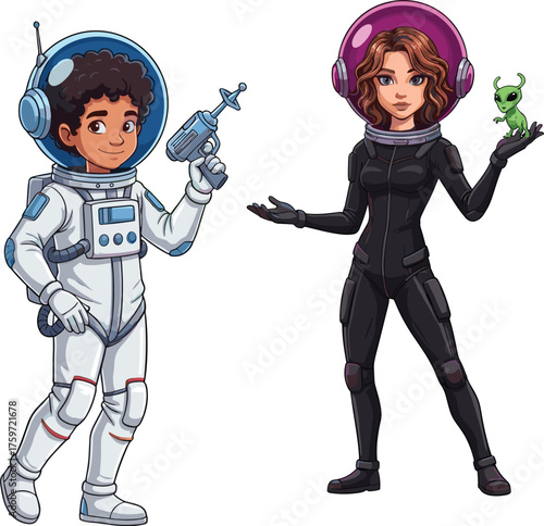 Cartoon astronauts in space suits, holding alien creature, futuristic ray gun, science fiction adventure, outer space exploration, imaginative character illustration