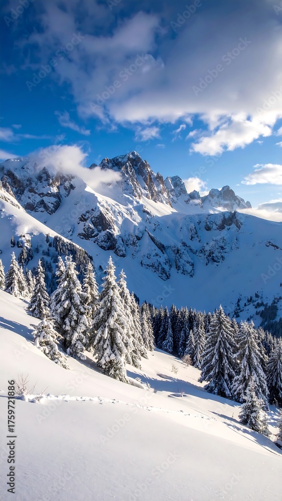 Fototapeta premium Snowy mountain range under a bright blue sky, featuring snow-covered evergreen trees. Sunlight illuminates the landscape