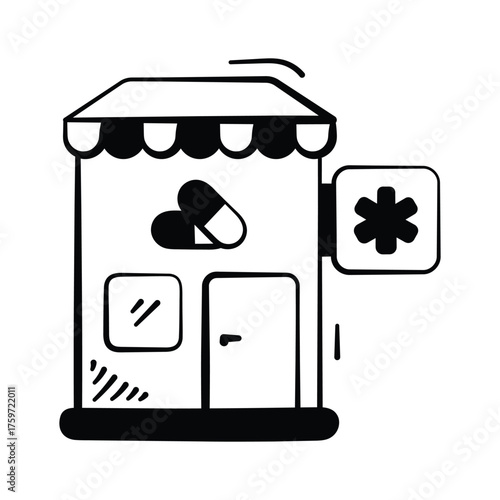 Hand drawn pharmacy building icon with medical cross representing medicine shop