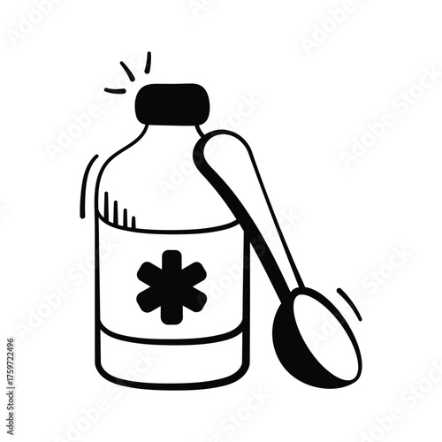 Hand drawn medicine bottle and spoon representing liquid medication.