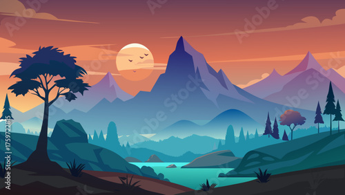 Vibrant sunset over majestic mountains and serene lake landscape