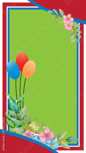 Balloons and Flowers Border on Green Background