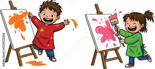 Colorful vector illustration of children painting on easels with brushes and hands, creativity, fun, art class, learning, imagination, and expression