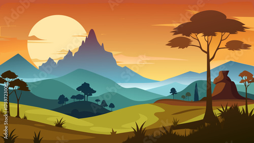 Vibrant sunset over rolling hills and majestic mountains