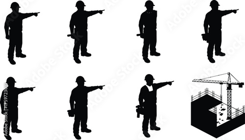 Construction workers silhouettes with hard hats pointing at building site crane, teamwork safety concept vector illustration for engineering, architecture, and industry projects