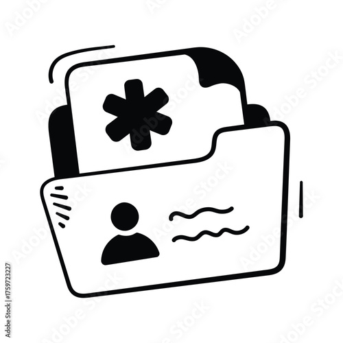 Hand drawn icon of a patient�s medical file with a red cross.