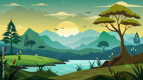 Serene mountain landscape with lake and trees at sunrise