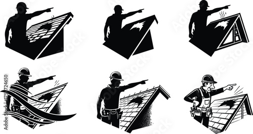 Construction workers pointing at rooftops, black and white illustration, roofing team, hard hats, gabled roof, shingles, contractor, repair, silhouette