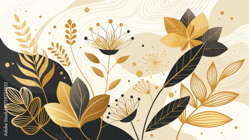 Elegant abstract floral background with gold and black botanical elements