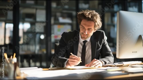 A businessman working diligently at his desk, deep in thought while writing on a notepad in a modern office environment.