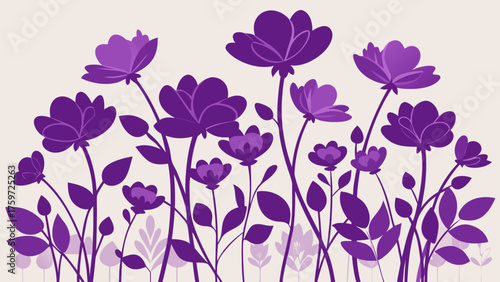 Purple flowers and leaves on a light background stylized illustration