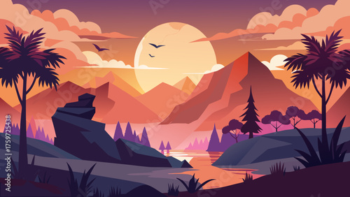 Vibrant sunset over a mountainous landscape with palm trees and river