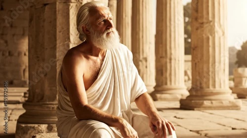 Contemplative Philosopher Sitting in Ancient Greek Ruins at Dusk