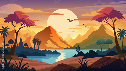 Vibrant tropical sunset over mountains and lake with palm trees