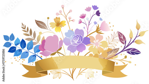 Elegant floral arrangement with golden ribbon and pastel colors