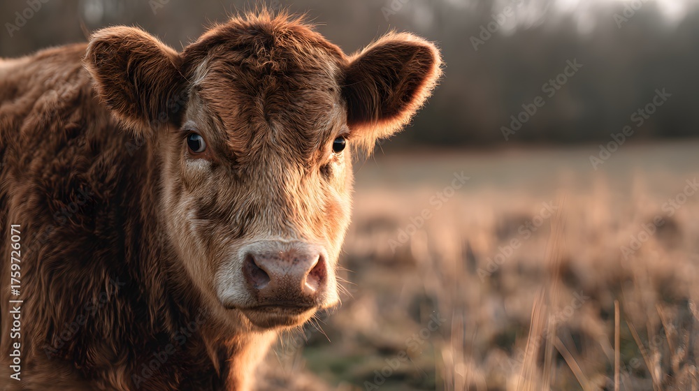 Fototapeta premium Young brown calf stands in a golden field at sunrise.