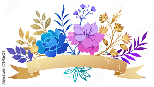 Elegant floral arrangement with golden ribbon banner and colorful flowers