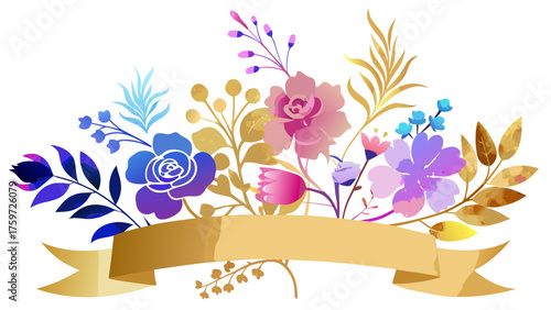 Watercolor floral arrangement with golden ribbon banner and colorful blooms