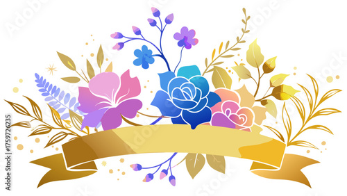 Floral banner with gradient roses and gold foliage on white background