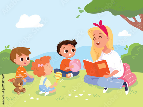 Teacher reads a tale to toddlers on a park meadow. Caregiver reads to the children. Mother reads for her kids sitting on the grass. Children and caregivers spend quality time together in nature.