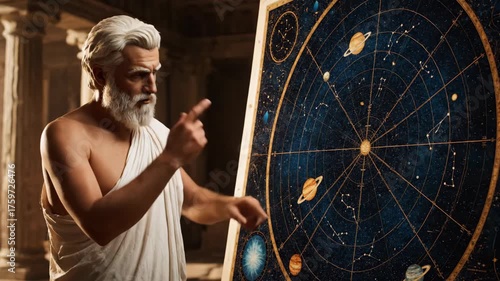 Ancient Scholar Pointing at Celestial Map in Mythological Setting