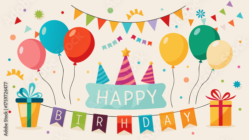 Happy birthday celebration with balloons gifts and party hats