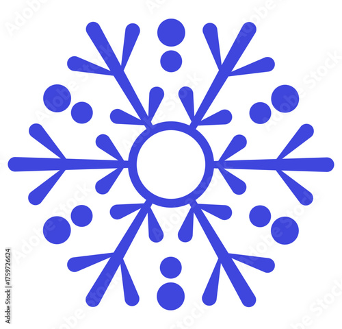 An exquisite blue snowflake in flat style, winter symbol of snow and cold. Lacy hexagonal icicle is isolated on background. Six rays are connected by ring and complemented circles. New Year's decor