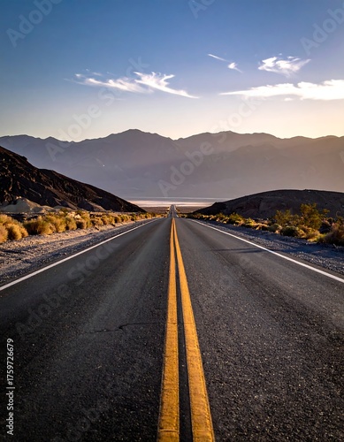 Asphalt road vanishing into the distance, with mountains and blue sky