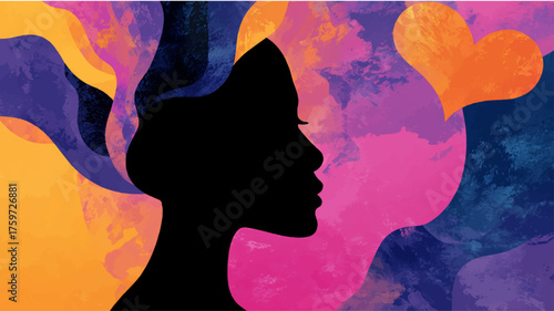 Vibrant colorful silhouette of a woman surrounded by expressive abstract shapes and heart symbolizing love, creativity, and empowerment in modern vector design.