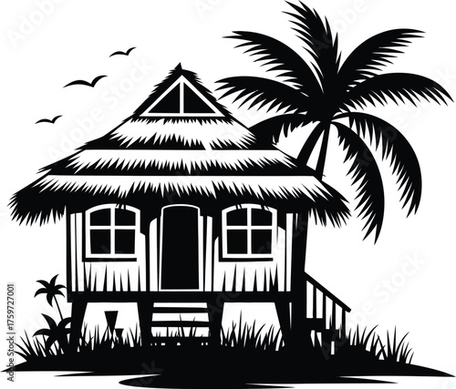 Tropical Beach Hut Silhouette Vector