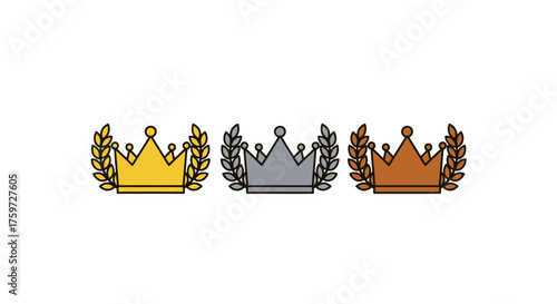 gold silver bronze crowns with laurel wreaths celebrating achievements isolated on white perfect for awards season campaigns and top rankings