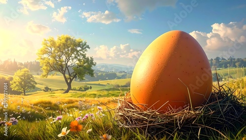 Fototapeta Naklejka Na Ścianę i Meble -  An oversized egg rests in a nest in a sunlit field on a bright day