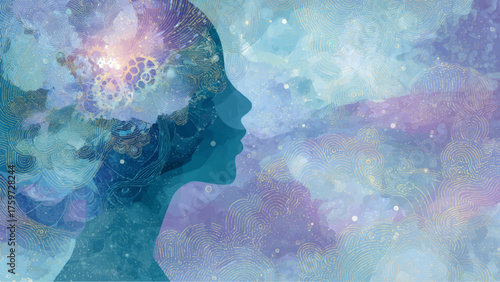 Futuristic AI human head silhouette with glowing circuitry and cosmic neural energy, conceptual technology vector background for artificial intelligence and innovation design.